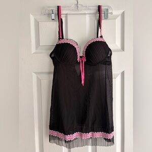 Elegant Black and Pink Lace Chemise Size Medium